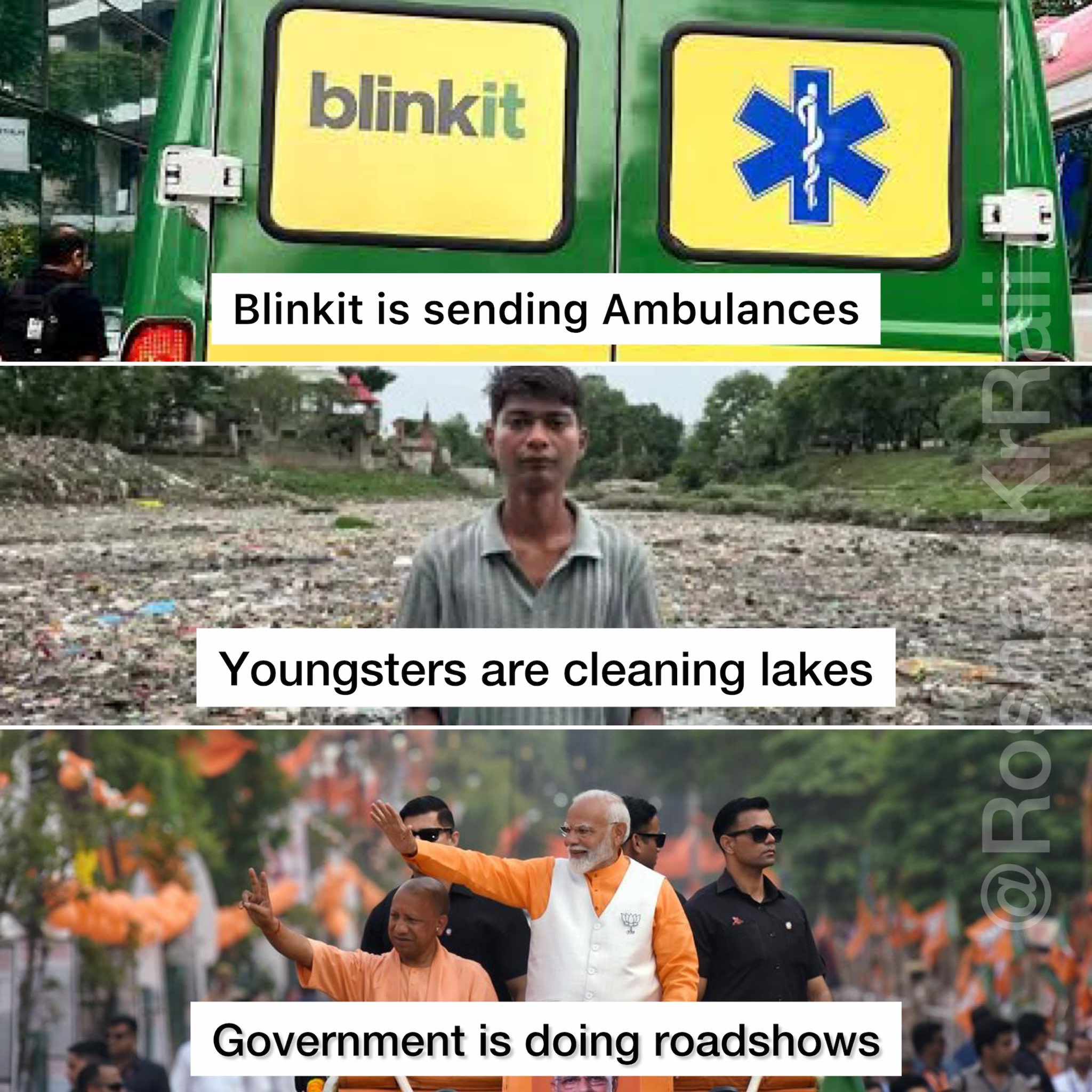 Meme contrasts Blinkit ambulances and Bittu Tabahi’s Ajnar River clean-up with government roadshows